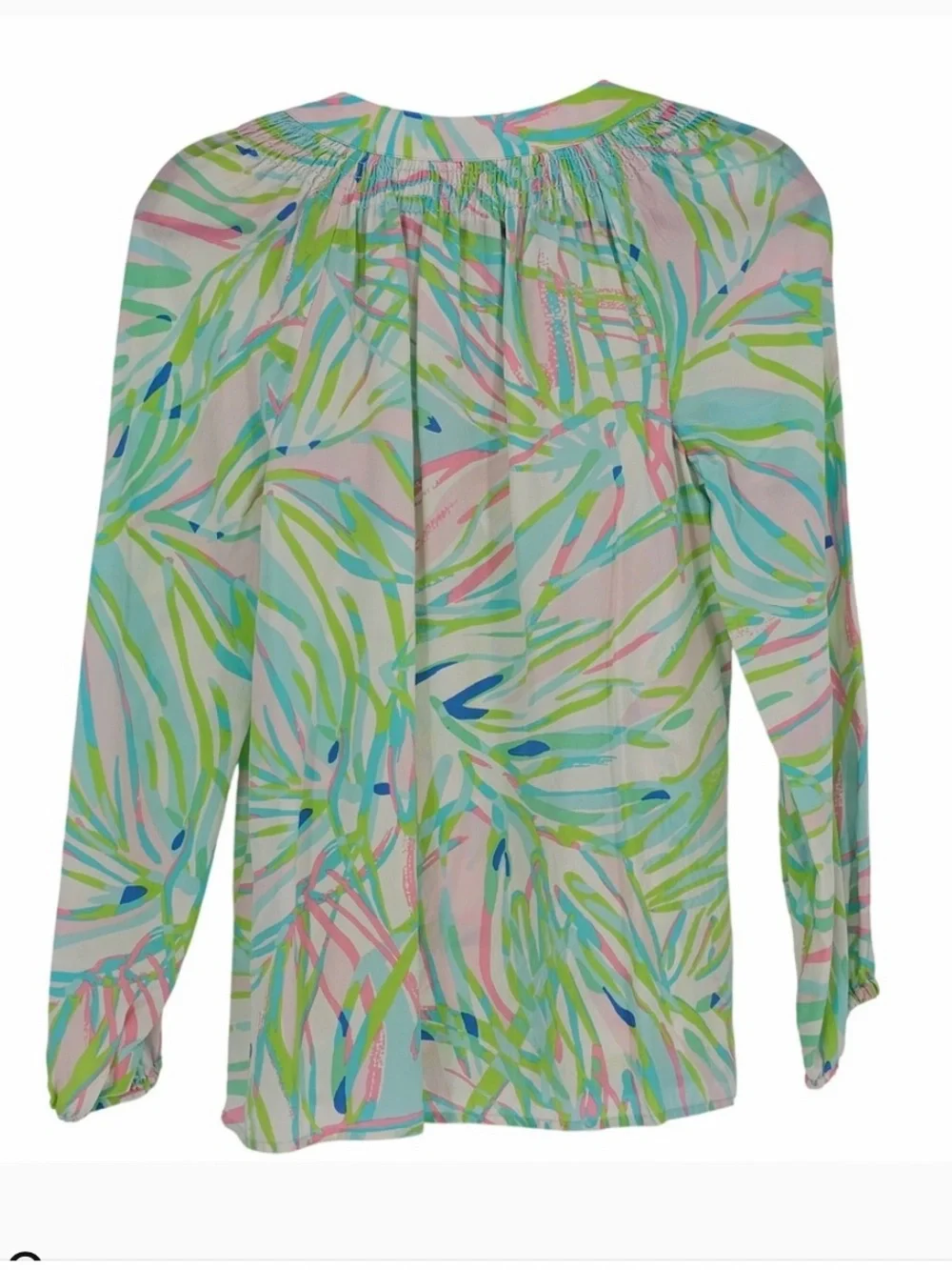Lilly Pulitzer Elsa Silk Tunic Med Pink Blue Abstract Palm Smocked Button Resort - Picture 2 of 8